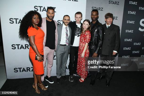 Yetide Badaki, Ricky Whittle, Omid Abtahi, Bruce Langley, Emily Browning, Demore Barnes, and Crispin Glover attend the 2019 Winter TCA Tour - STARZ...
