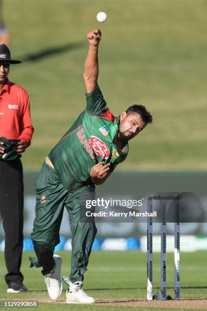 Mashrafe Bin Mortaza of Bangladesh bowls during Game 1 of the One Day International series between New Zealand v Bangladesh at McLean Park on...