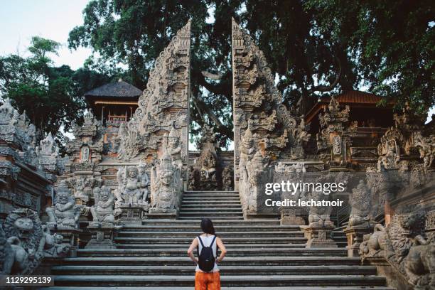 jonge toeristische vrouw reizen in bali, indonesië - indigenous art stockfoto's en -beelden