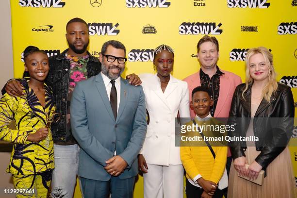 Shahadi Wright Joseph, Winston Duke, Jordan Peele, Lupita Nyong'o, Evan Alex, Tim Heidecker, and Elisabeth Moss attend the "Us" Premiere during the...