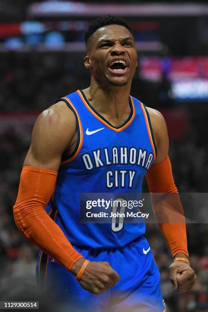 Russell Westbrook of the Oklahoma City Thunder reacts against the Los Angeles Clippers at Staples Center on March 8, 2019 in Los Angeles, California....
