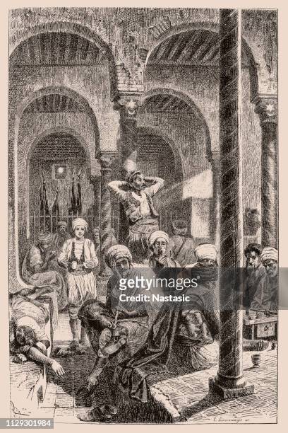 coffee house in tunis 19th century - casbah stock illustrations
