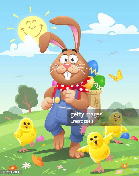 easter bunny and chicks - easter chick basket stock illustrations