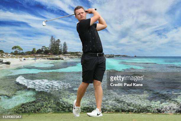 Tom Lewis of England plays his tee shot on the 9th hole during the Pro-Am of the ISPS Handa World Super 6 Perth at Lake Karrinyup Country Club on...