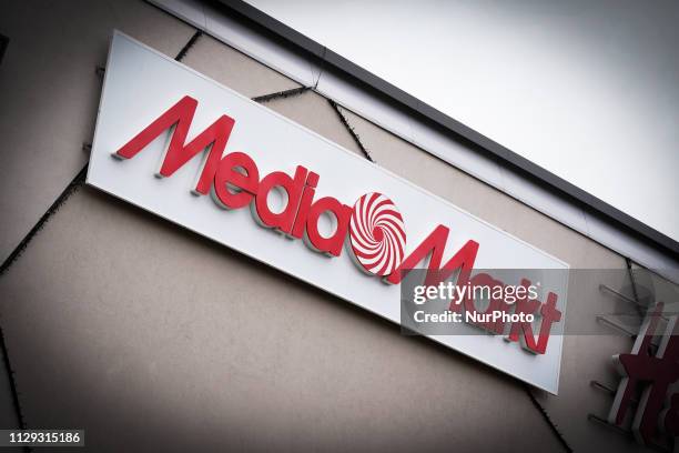 Sign advertising the Media Markt consumer electronics shop in the Zielony Arkady shopping mall is seen in Bydgozcz, Poland on March 8, 2019.