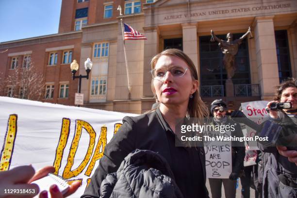 Chelsea Manning leaves the Albert V. Bryan U.S. District Courthouse on Tuesday, March 5 in Alexandria, VA. Manning has been subpoenaed to testify...