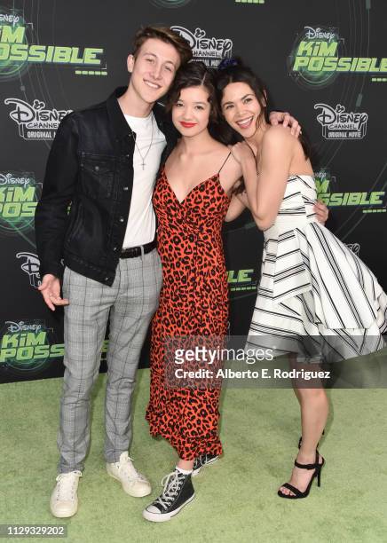 Luke Mullen, Peyton Elizabeth Lee and Lilan Bowden attend the premiere of Disney Channel's "Kim Possible" at The Television Academy on February 12,...