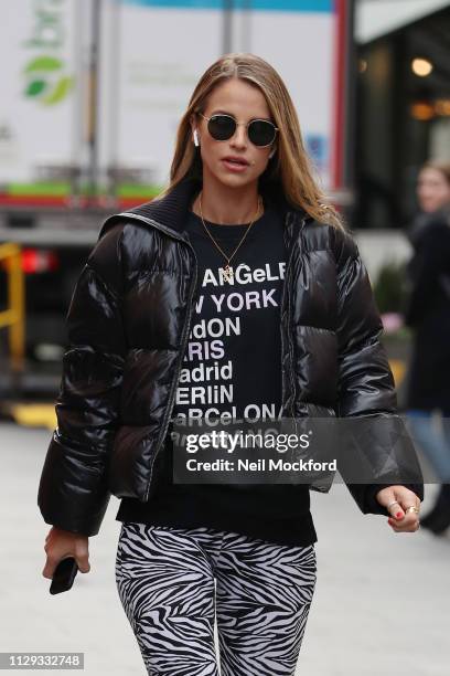 Vogue Williams seen arriving at the Global Radio Studios on February 13, 2019 in London, England.