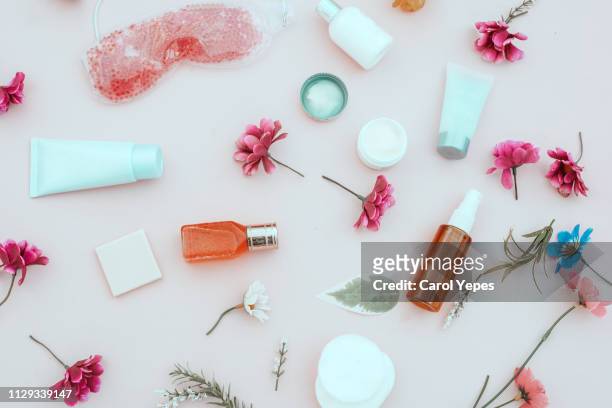 spring composition of cosmetic and  beauty cream products,top view - make up table stock pictures, royalty-free photos & images