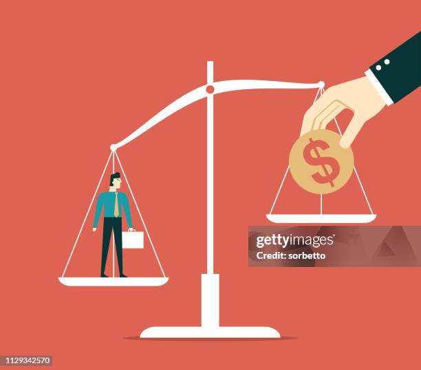 businessman and money on weighing scale - comparison stock illustrations