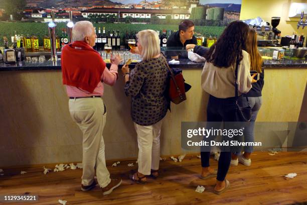 The floor is littered with discarded napkins as is the custom at a Pinchos bar on September 29, 2018 in Logrono, Spain. Similar to Tapas, along the...