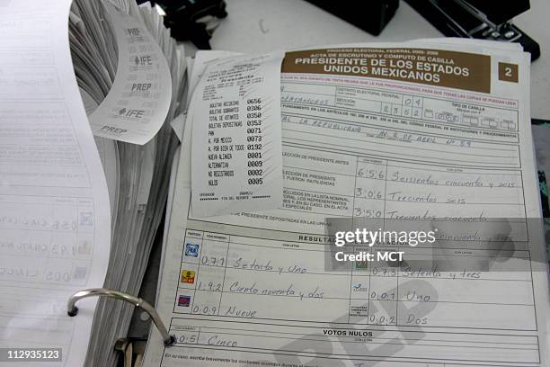 An original poll booth report for ballots cast in the July 2 presidential election in Tlacolula, Oaxaca, July 4 shows results favoring Andres Manuel...