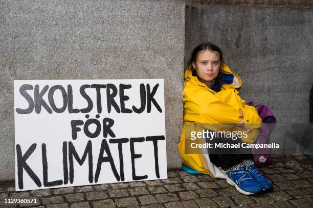 Fifteen year old Swedish student Greta Thunberg leads a school strike and sits outside of Riksdagen, the Swedish parliament building, in order to...