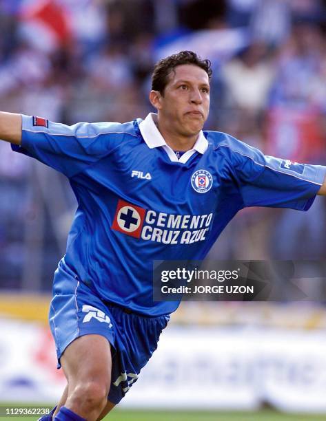 Marinho Ledezma de Cruz Azul celebrates after having made another goal aginst the Tigers, in Mexico City, 05 December 2001. Marinho Ledezma de Cruz...