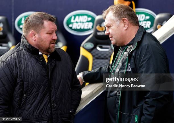 Dai Young of Wasps and Dean Richards of Newcastle Falcons talk before the Gallagher Premiership Rugby match between Wasps and Newcastle Falcons at...