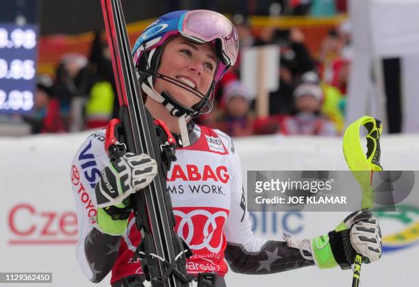 Mikaela Shiffrin of US celebrates after the women's slalom event at the FIS Ski World cup in Spindleruv Mlyn, Czech Republic, on March 9, 2019.