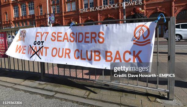 Banner on the seafront which reads FY7 Seasiders we got our club back Blackpool v Southend United - Sky Bet League One - Bloomfield Road .