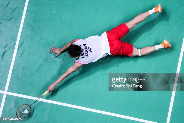 Kento Momota of Japan competes in the Men's Singles semi finals match against Ng Ka Long Angus of Hong Kong on day four of the Yonex All England Open...