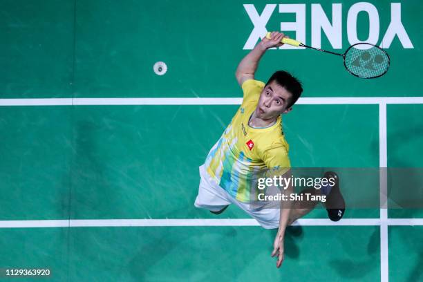 Ng Ka Long Angus of Hong Kong competes in the Men's Singles semi finals match against Kento Momota of Japan on day four of the Yonex All England Open...