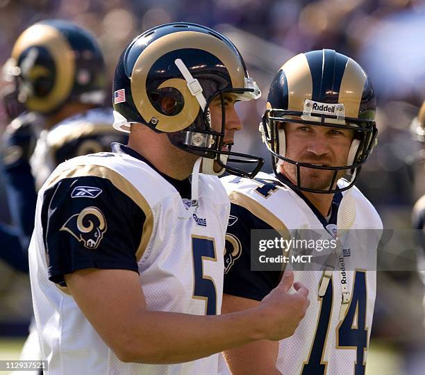 St. Louis Rams' kicker Jeff Wilkins talks to holder Donnie Jones after missing a field goal attempt against the Baltimore Ravens in the first half of...