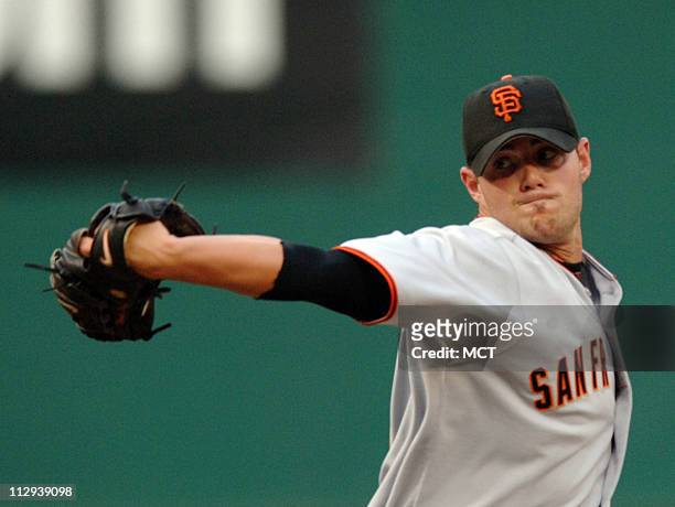The San Francisco Giants' Noah Lowry pitches against the Washington Nationals in the first inning of their game at RFK Stadium in Washington, DC, on...