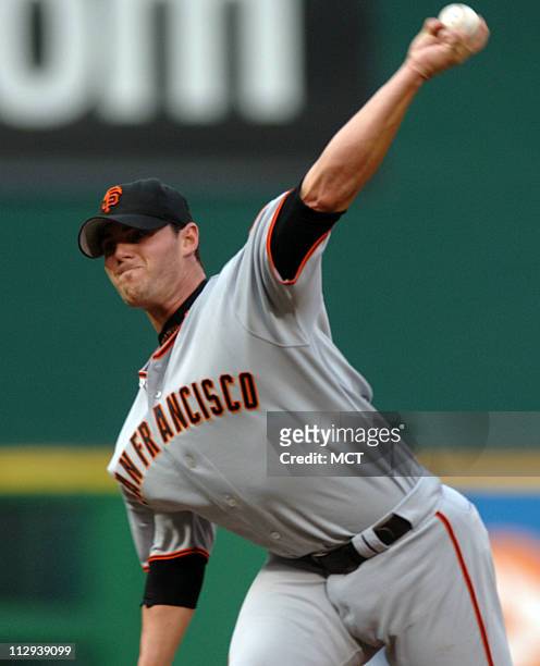 The San Francisco Giants' Noah Lowry pitches against the Washington Nationals in the first inning of their game at RFK Stadium in Washington, DC, on...
