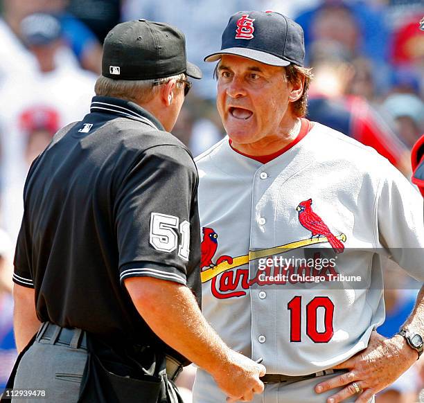 St. Louis Cardinals manager Tony La Russa argues a call with home plate umpire Marvin Hudson during the second inning against the Chicago Cubs at...