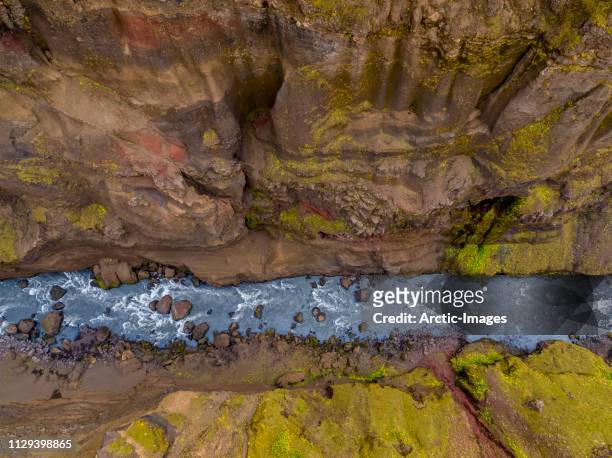 aerial - canyon and river, iceland - canyon stock pictures, royalty-free photos & images