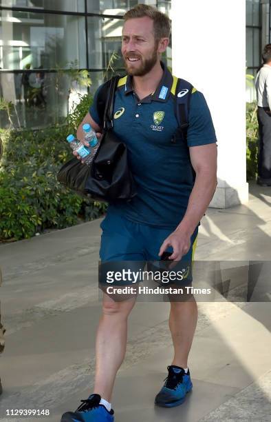 Australian Team Captain Aaron Finch comes out as the Australian Team arrives for their 4th ODI against Australia, at Chandigarh Airport, on March 9,...