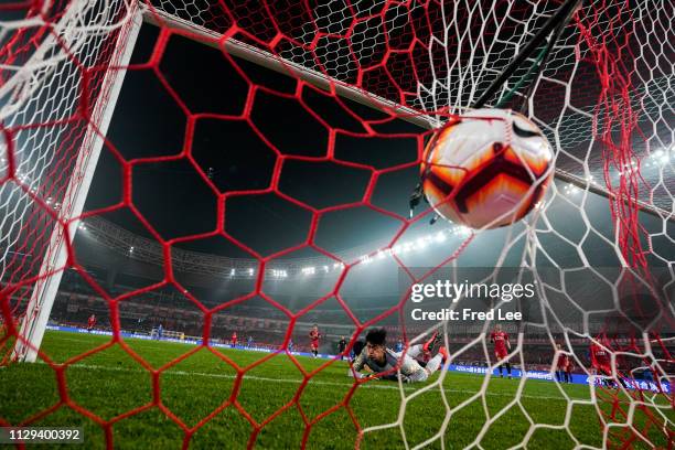 Zhang Wei of Shanghai SIPG celebrates after scoring his team's second goal during the 2019 China Super League between Shanghai SIPG and Jiangsu...