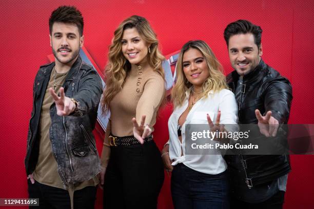 Miriam Rodriguez , Antonio Jose , David Bustamante and Karol G attend "La Voz" photocall at Atresmedia Studios on February 13, 2019 in Madrid, Spain.