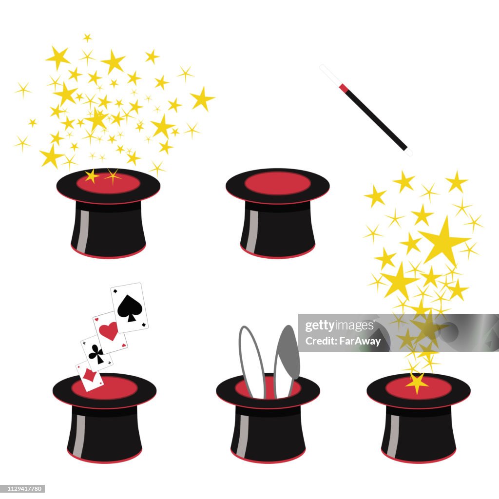 Random Magic Hat Magic Clip Art 5 Black And Red Magicians Top Hats With Stars Playing ...