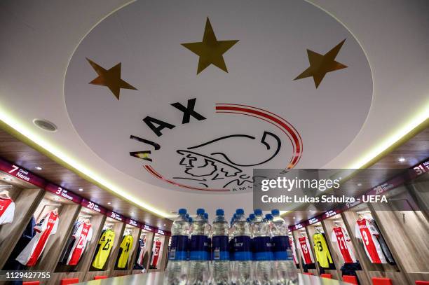 General view inside the dressing room of Ajax Amsterdam prior to the UEFA Champions League Round of 16 First Leg match between Ajax and Real Madrid...