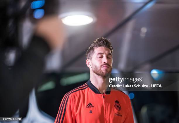 Sergio Ramos of Madrid arrives prior to the UEFA Champions League Round of 16 First Leg match between Ajax and Real Madrid at Johan Cruyff Arena on...