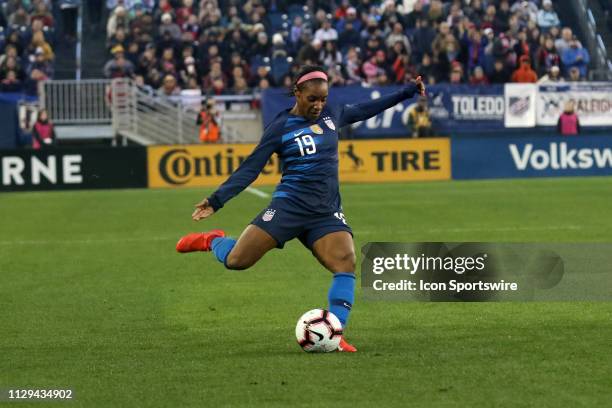 United States forward Crystal Dunn during the SheBelieves Cup match between the United States and England at Nissan Stadium on March 2nd, 2019 in...