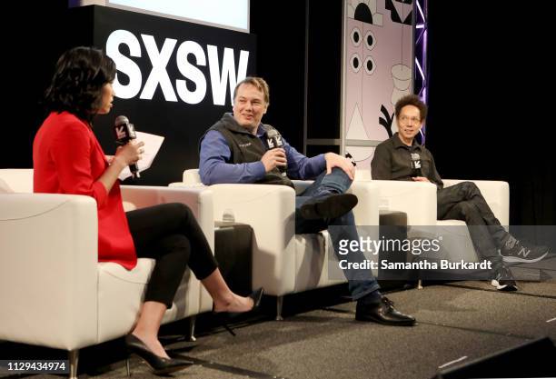 Jo Ling Kent, Chris Urmson, and Malcolm Gladwell speak onstage at Featured Session: Self-Driving Cars: The Future is When? with Malcolm Gladwell &...