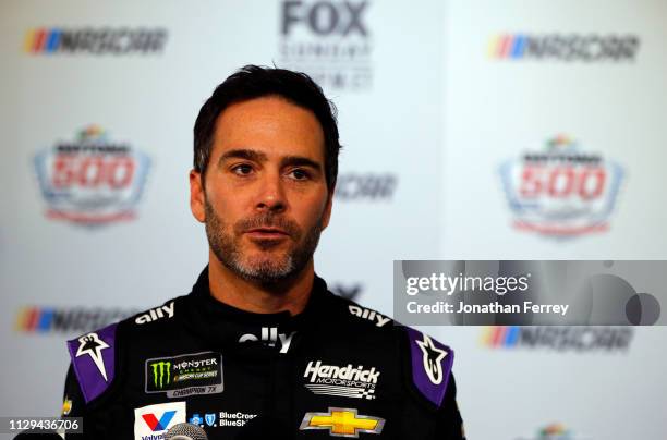 Jimmie Johnson speaks to the media during the Monster Energy NASCAR Cup Series 61st Annual Daytona 500 Media Day at Daytona International Speedway on...