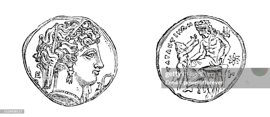 Ancient Tetradrachm Coin from Tarentum, Calabria, Italy (3rd Century BC)