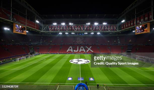 General view inside the stadium prior to the UEFA Champions League Round of 16 First Leg match between Ajax and Real Madrid at Johan Cruyff Arena on...