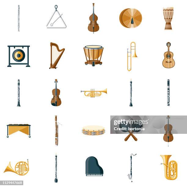 ilustraciones, imágenes clip art, dibujos animados e iconos de stock de conjunto de iconos de instrumento musical - instrumento de cuerdas