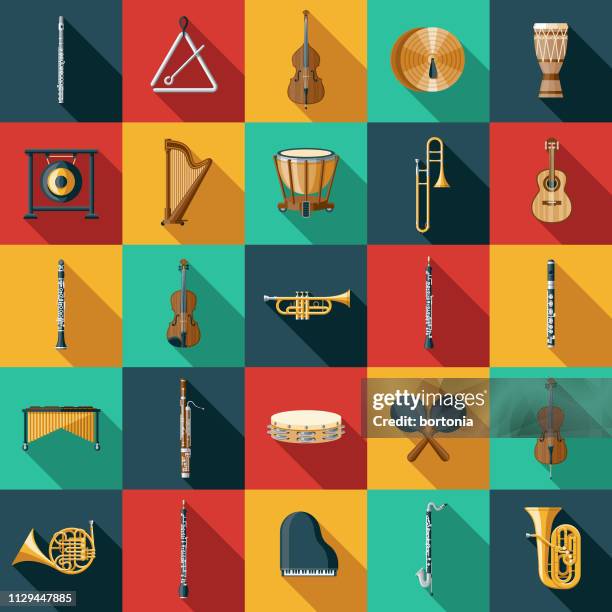 ilustraciones, imágenes clip art, dibujos animados e iconos de stock de conjunto de iconos de instrumento musical - instrumento musical