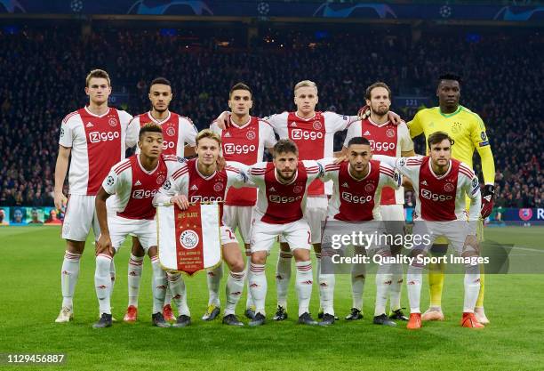 The Ajax team line up for a photo prior to kick off during the UEFA Champions League Round of 16 First Leg match between Ajax and Real Madrid at...