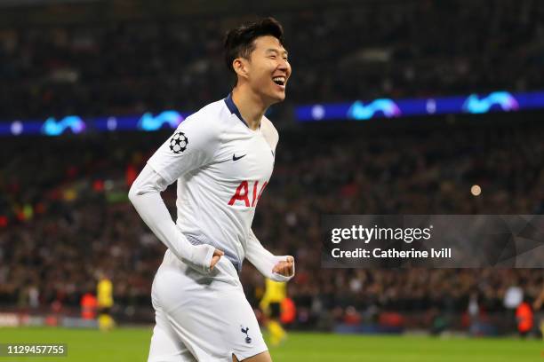 Son Heung-Min of Tottenham celebrates scoring to make it 1-0 during the UEFA Champions League Round of 16 First Leg match between Tottenham Hotspur...