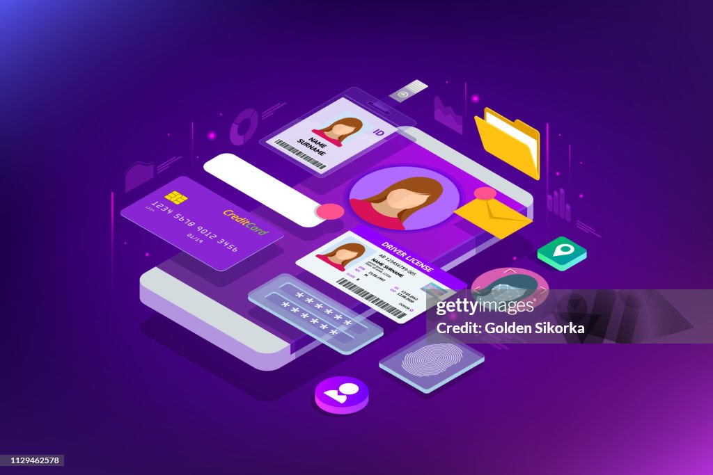 Isometric Personal Data Information App, Identity Private Concept. Digital data Secure Banner. Biometrics technology vector illustration for personal identity recognition and access authentication.