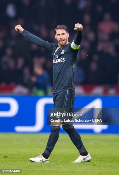 Sergio Ramos of Madrid celebrates after winning the UEFA Champions League Round of 16 First Leg match between Ajax and Real Madrid at Johan Cruyff...