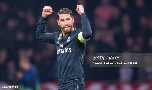 Sergio Ramos of Madrid celebrates after winning the UEFA Champions League Round of 16 First Leg match between Ajax and Real Madrid at Johan Cruyff...