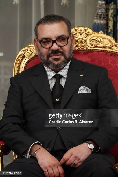 King Mohammed VI of Morocco attends the signing of bilateral agreements at the Agdal Royal Palace on February 13, 2019 in Rabat, Morocco. The Spanish...