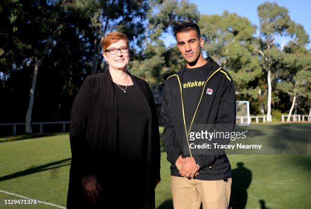Foreign Minister Marise Payne with Bahraini refugee Hakeem al-Araibi at a welcome home football match at Parliament House on February 14, 2019 in...