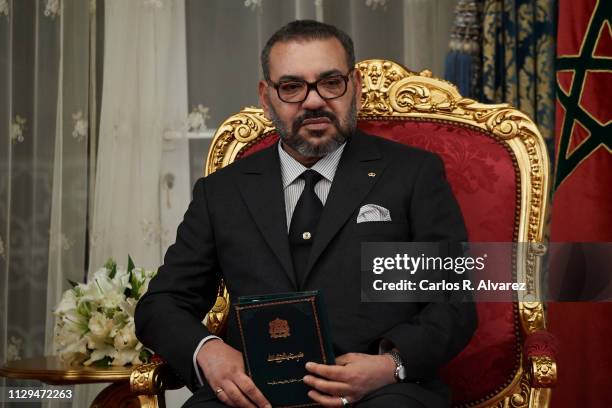 King Mohammed VI of Morocco attends the signing of bilateral agreements at the Agdal Royal Palace on February 13, 2019 in Rabat, Morocco. The Spanish...