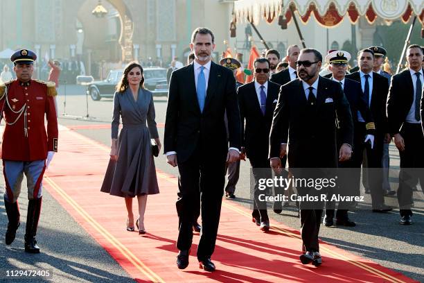 Queen Letizia of Spain, King Felipe VI of Spain, Prince Moulay Rachid of Morocco and King Mohammed VI of Morocco arrive for a welcoming ceremony at...